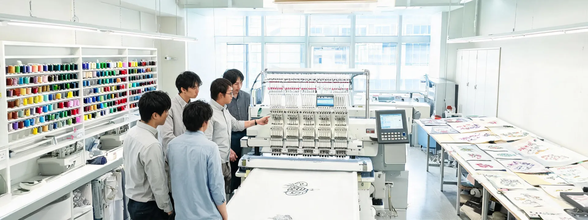 Embroidery production team reviewing machine setup in a bright workroom