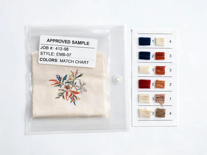 Approved embroidery reference sample stored with job information