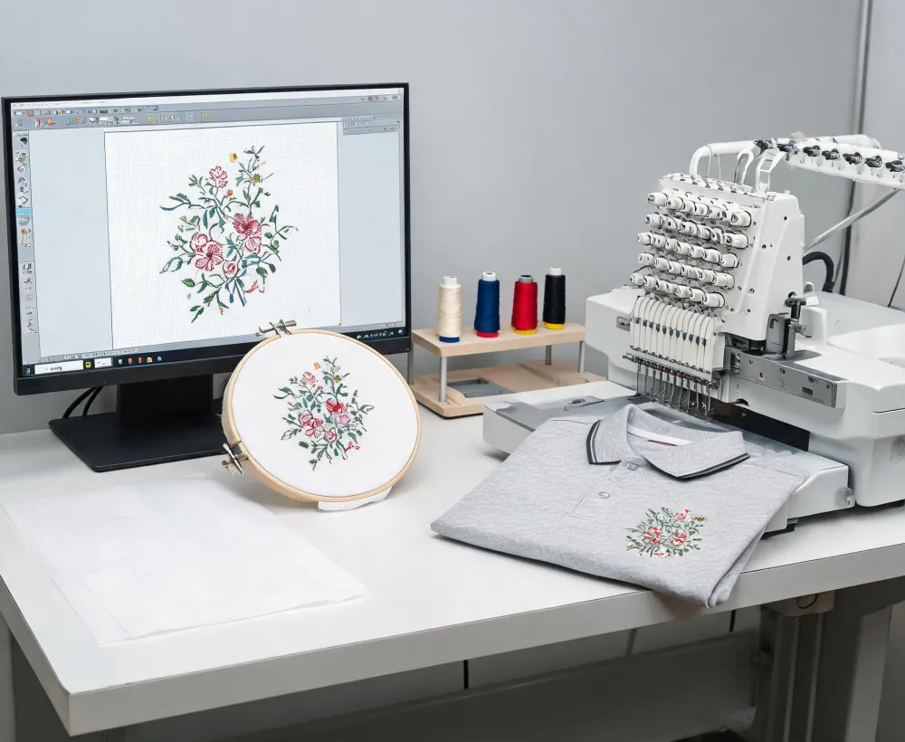Embroidery application board with sample file hoop and finished garment