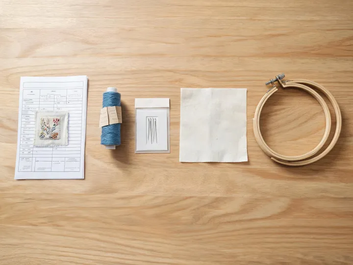 Embroidery condition sheet beside thread and backing