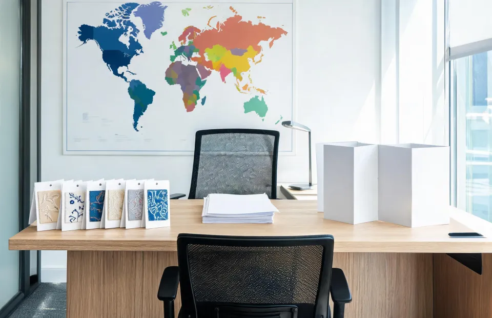 Global distributor routing desk with embroidery samples and region map
