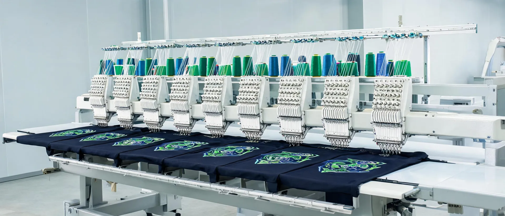 Multi-head industrial embroidery machine stitching a detailed garment panel