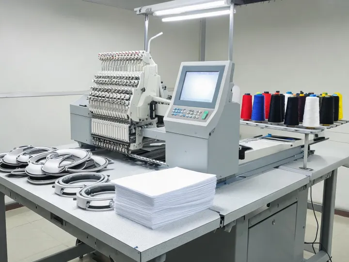 Cap frame and tubular embroidery setup at an operator station