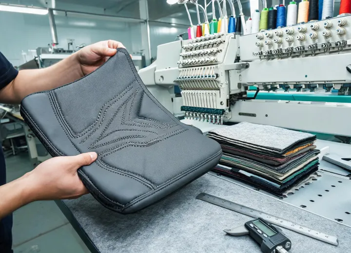 Automotive upholstery panel with embroidered detail