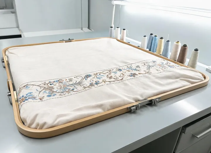 Home textile embroidery on large fabric panel